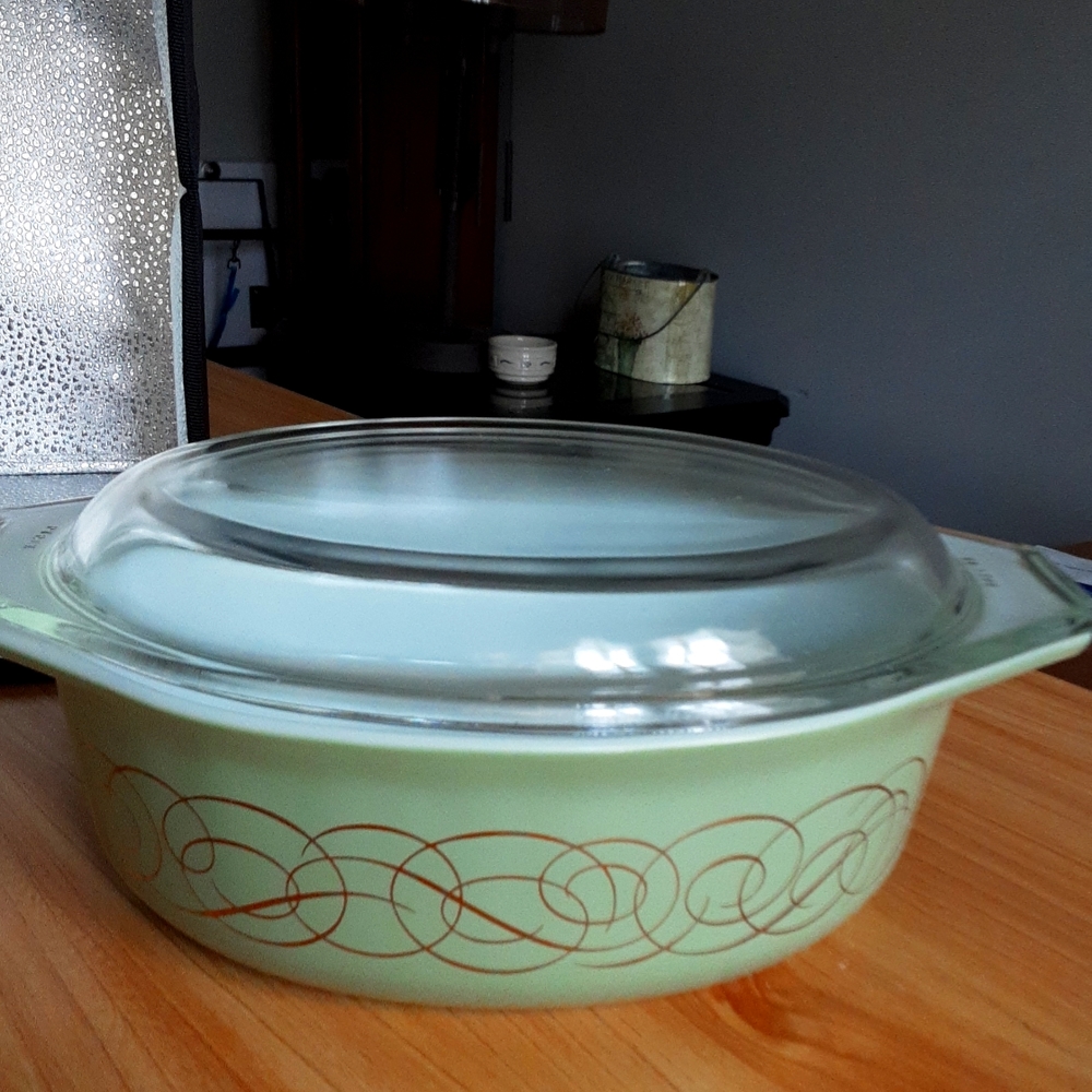 Pyrex Oval Mint Green Casserole with Gold Scrolling